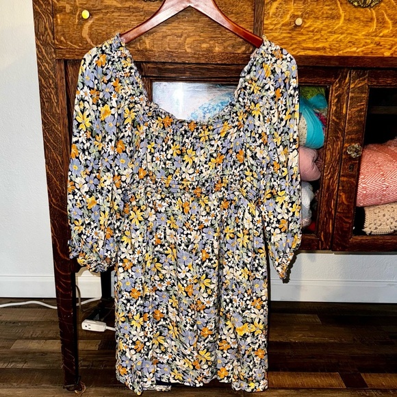 AEO Blue Yellow Floral Smocked Prairie Off the Shoulder Long Sleeve Mini Dress M - Picture 5 of 5